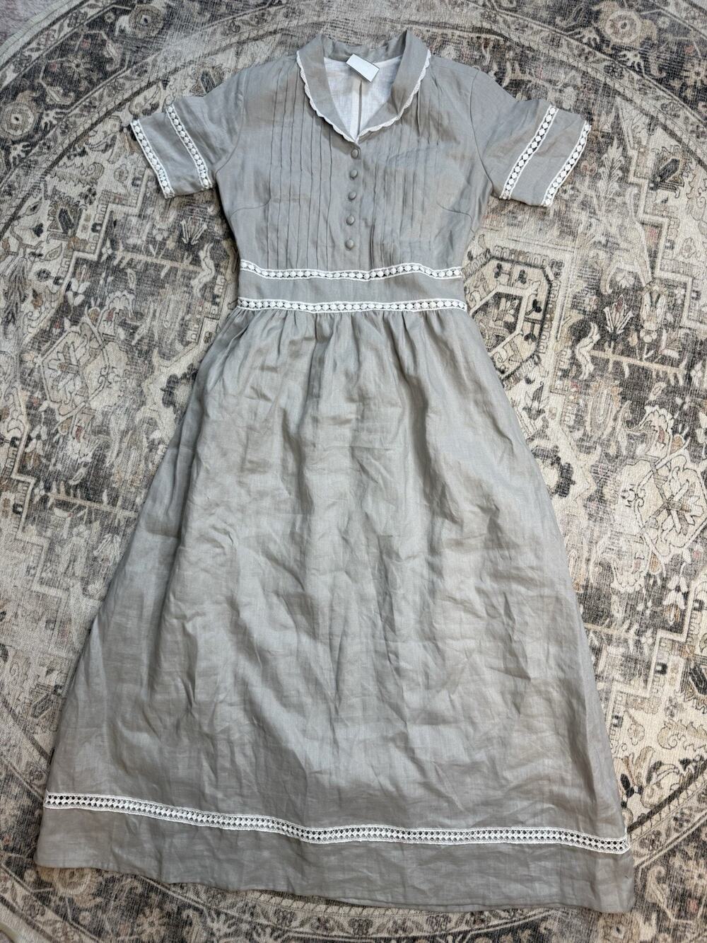 VTG Rockabilly Dress Vintage A-line Linen Gray sz 2 Embroidered Prairie Gunn Sax